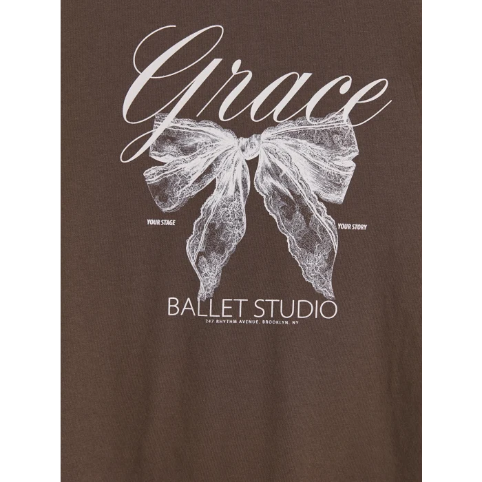 LCW Kids Kahverengi Bisiklet Yaka Baskılı Kız Çocuk Tişört