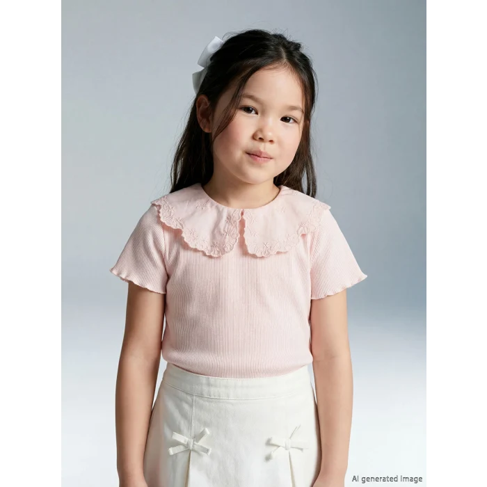 LCW Kids Pembe Bebe Yaka Nakışlı Kız Çocuk Fitilli Tişört