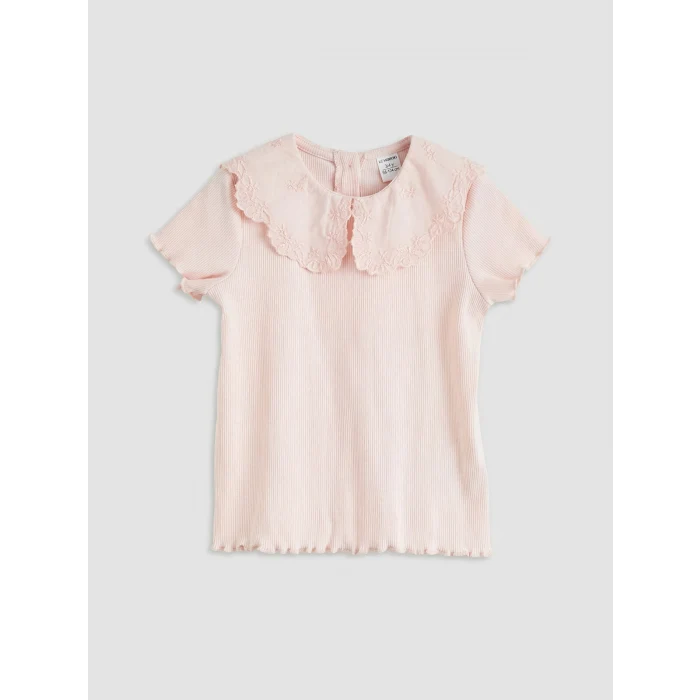LCW Kids Pembe Bebe Yaka Nakışlı Kız Çocuk Fitilli Tişört
