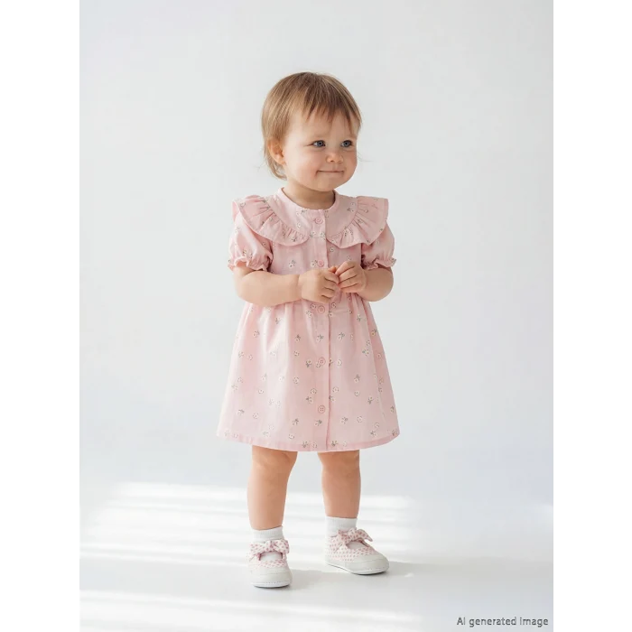 LCW baby Pembe Bebe Yaka Çiçekli Kız Bebek Elbise