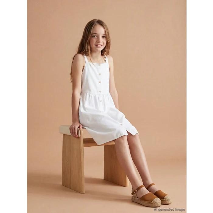LCW Kids Beyaz Kare Yaka Askılı Kız Çocuk Poplin Elbise