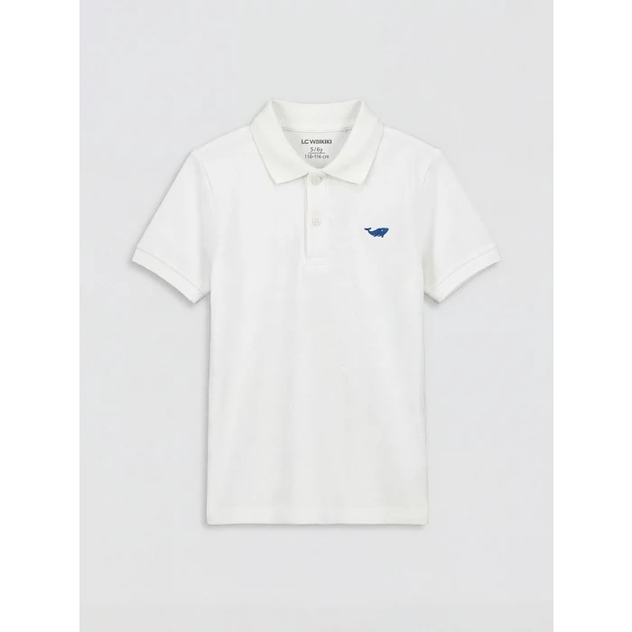 LCW Kids Beyaz Polo Yaka Kısa Kollu Nakışlı Erkek Çocuk Tişört