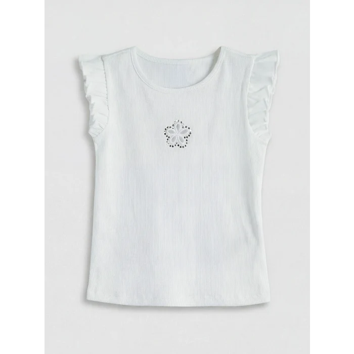 LCW Kids Beyaz Bisiklet Yaka Taşlı Kız Çocuk Atlet