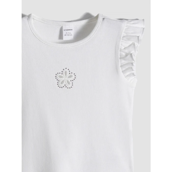 LCW Kids Beyaz Bisiklet Yaka Taşlı Kız Çocuk Atlet