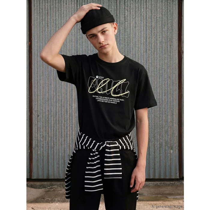 LCW Kids Siyah Baskılı Erkek Çocuk Tişört