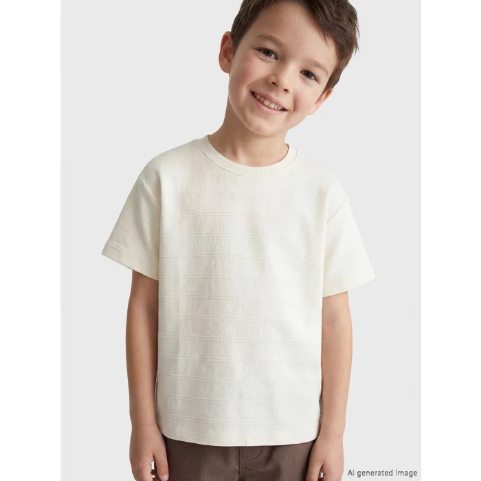 LCW Kids Ekru Bisiklet Yaka Kendinden Çizgili Erkek Çocuk Tişört
