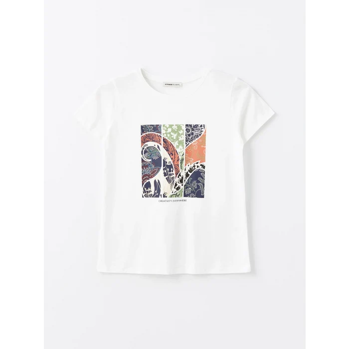 LCWAIKIKI Basic Beyaz Bisiklet Yaka Baskılı Kısa Kollu Kadın Tişört