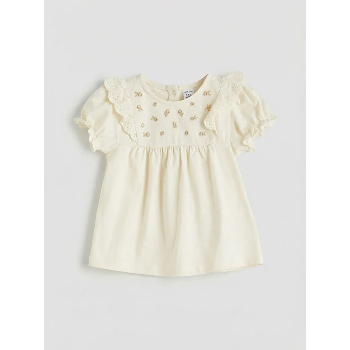 LCW baby Ekru Kız Bebek Fırfırlı Tişört ve Tayt