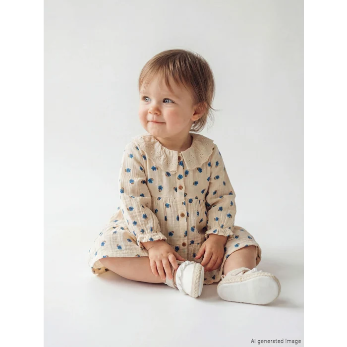 LCW baby Ekru Bebe Yaka Çiçek Desenli Kız Bebek Elbise