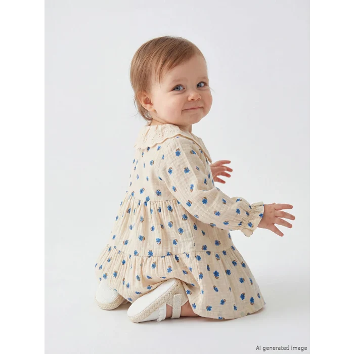 LCW baby Ekru Bebe Yaka Çiçek Desenli Kız Bebek Elbise