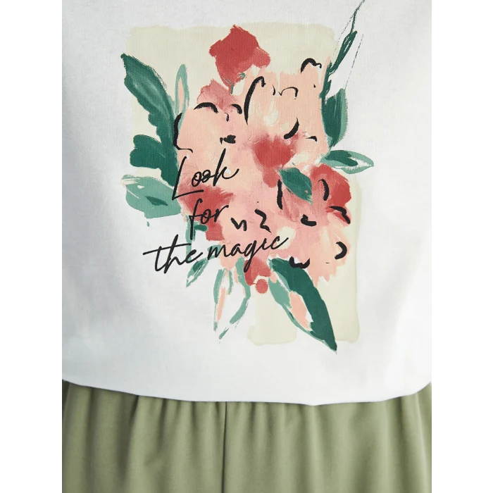 LCWAIKIKI Classic Beyaz Bisiklet Yaka Baskılı Kısa Kollu Kadın Tişört