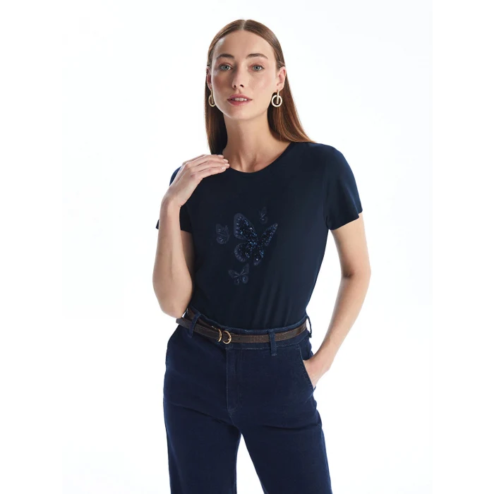 LCWAIKIKI Basic Lacivert Bisiklet Yaka Pul İşlemeli Kısa Kollu Kadın Tişört