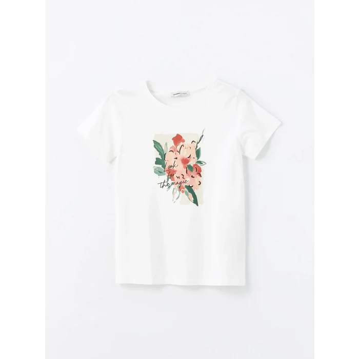 LCWAIKIKI Classic Beyaz Bisiklet Yaka Baskılı Kısa Kollu Kadın Tişört