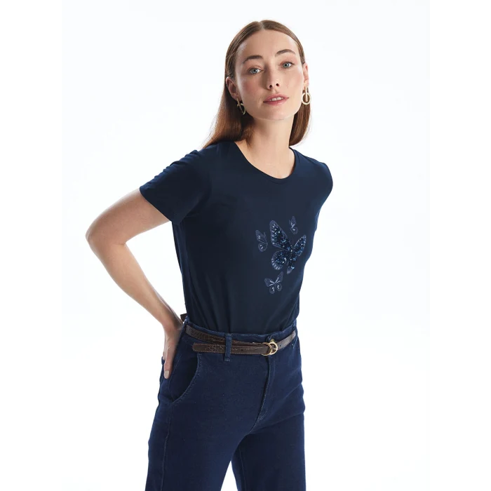 LCWAIKIKI Basic Lacivert Bisiklet Yaka Pul İşlemeli Kısa Kollu Kadın Tişört