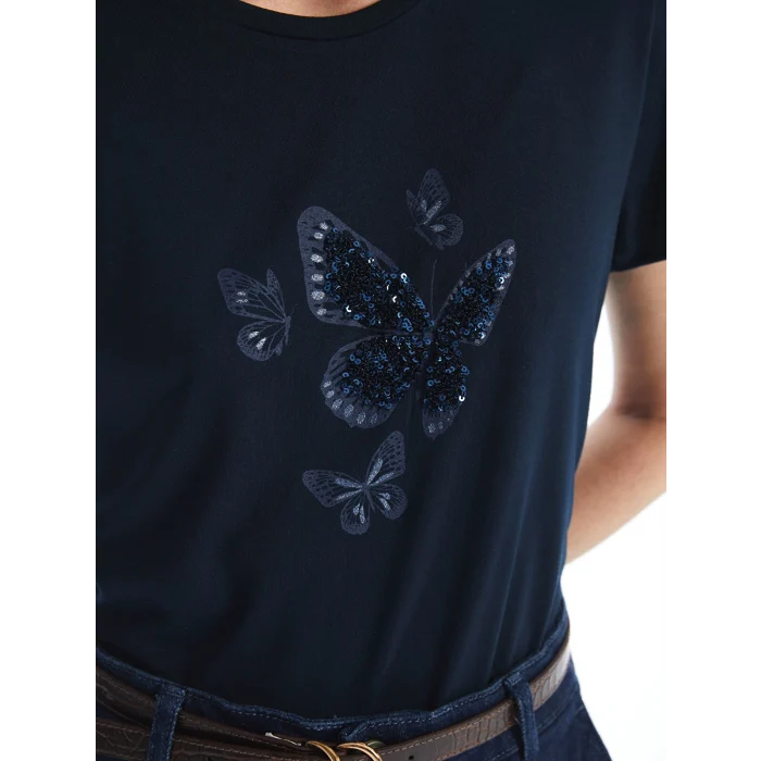 LCWAIKIKI Basic Lacivert Bisiklet Yaka Pul İşlemeli Kısa Kollu Kadın Tişört