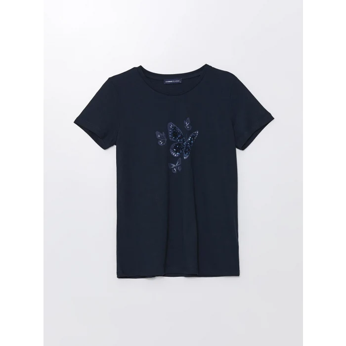 LCWAIKIKI Basic Lacivert Bisiklet Yaka Pul İşlemeli Kısa Kollu Kadın Tişört