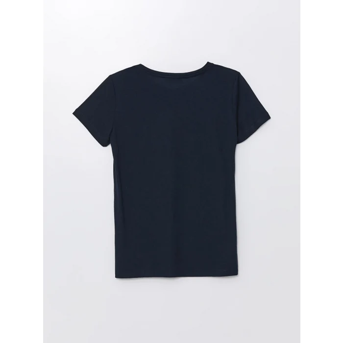 LCWAIKIKI Basic Lacivert Bisiklet Yaka Pul İşlemeli Kısa Kollu Kadın Tişört