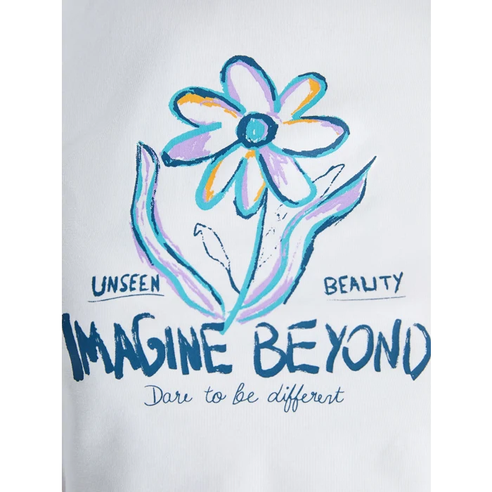 XSIDE Beyaz Bisiklet Yaka Baskılı Kısa Kollu Kadın Crop