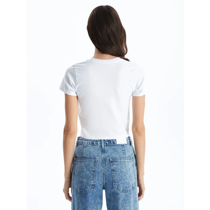 XSIDE Beyaz Bisiklet Yaka Baskılı Kısa Kollu Kadın Crop