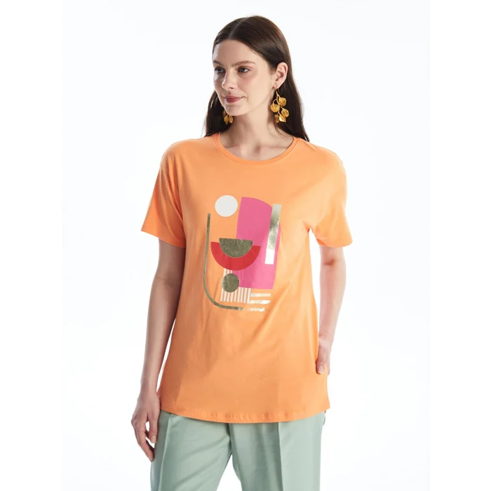 LCWAIKIKI Basic Turuncu Bisiklet Yaka Baskılı Kısa Kollu Kadın Tişört