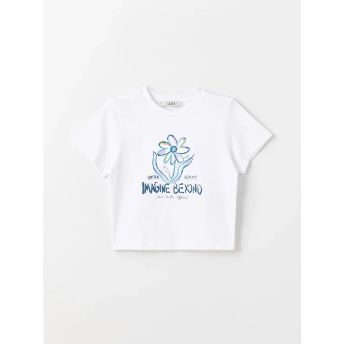 XSIDE Beyaz Bisiklet Yaka Baskılı Kısa Kollu Kadın Crop