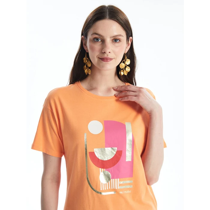 LCWAIKIKI Basic Turuncu Bisiklet Yaka Baskılı Kısa Kollu Kadın Tişört
