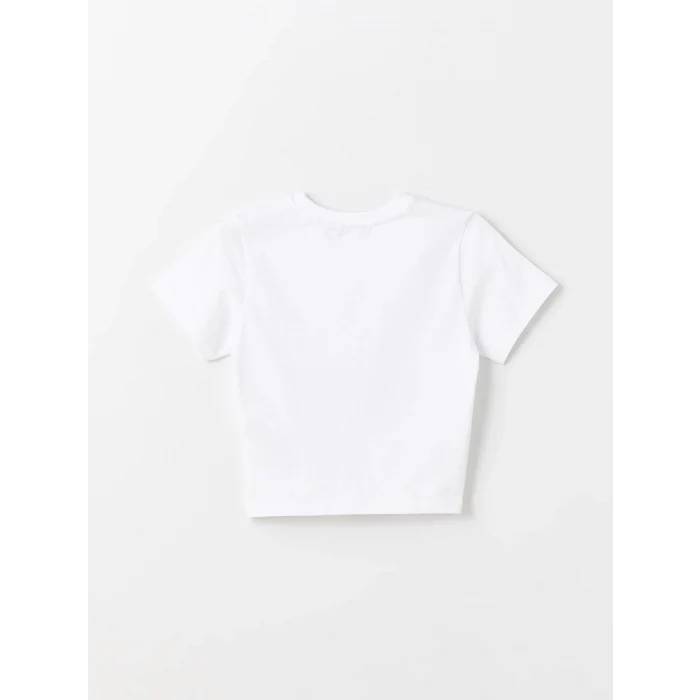 XSIDE Beyaz Bisiklet Yaka Baskılı Kısa Kollu Kadın Crop