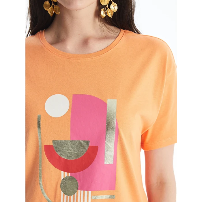 LCWAIKIKI Basic Turuncu Bisiklet Yaka Baskılı Kısa Kollu Kadın Tişört