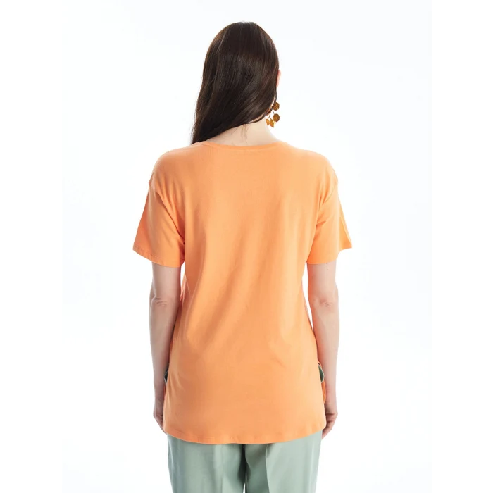 LCWAIKIKI Basic Turuncu Bisiklet Yaka Baskılı Kısa Kollu Kadın Tişört