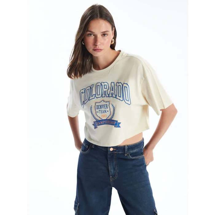 XSIDE Bej Bisiklet Yaka Baskılı Kısa Kollu Oversize Kadın Crop