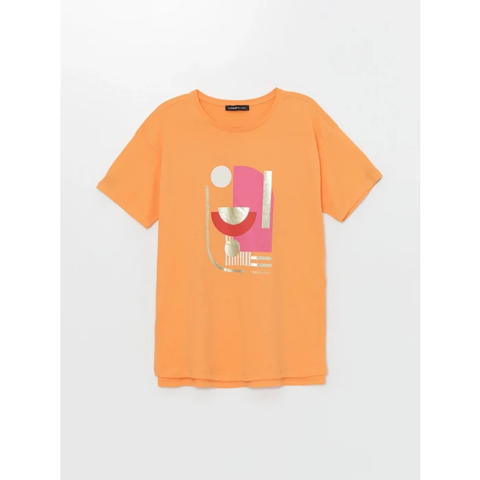 LCWAIKIKI Basic Turuncu Bisiklet Yaka Baskılı Kısa Kollu Kadın Tişört