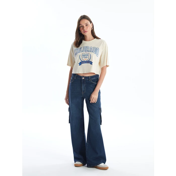 XSIDE Bej Bisiklet Yaka Baskılı Kısa Kollu Oversize Kadın Crop