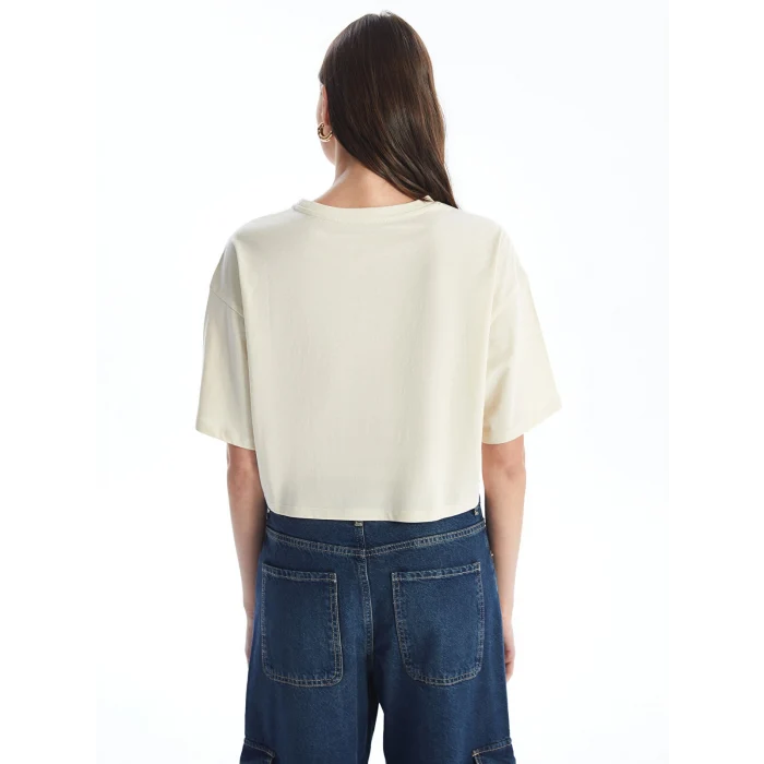 XSIDE Bej Bisiklet Yaka Baskılı Kısa Kollu Oversize Kadın Crop