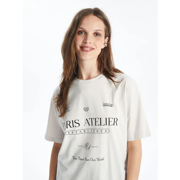 LCW Vision Gri Bisiklet Yaka Baskılı Kısa Kollu Oversize Kadın Tişört