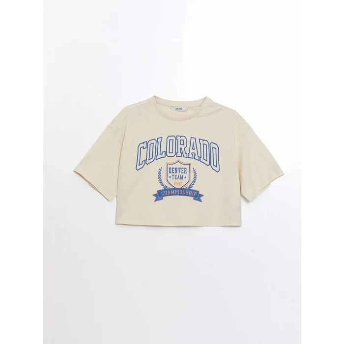 XSIDE Bej Bisiklet Yaka Baskılı Kısa Kollu Oversize Kadın Crop