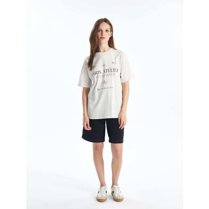 LCW Vision Gri Bisiklet Yaka Baskılı Kısa Kollu Oversize Kadın Tişört