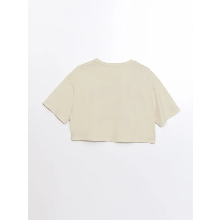 XSIDE Bej Bisiklet Yaka Baskılı Kısa Kollu Oversize Kadın Crop