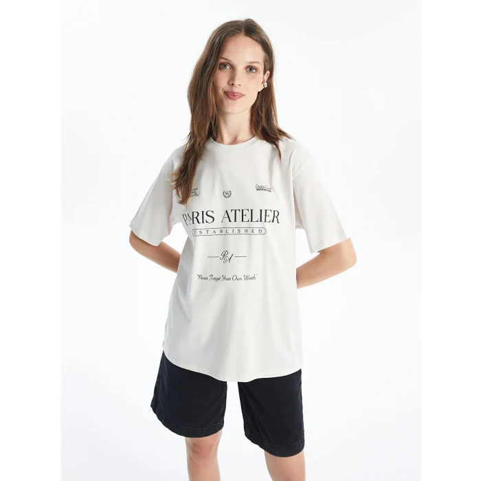 LCW Vision Gri Bisiklet Yaka Baskılı Kısa Kollu Oversize Kadın Tişört