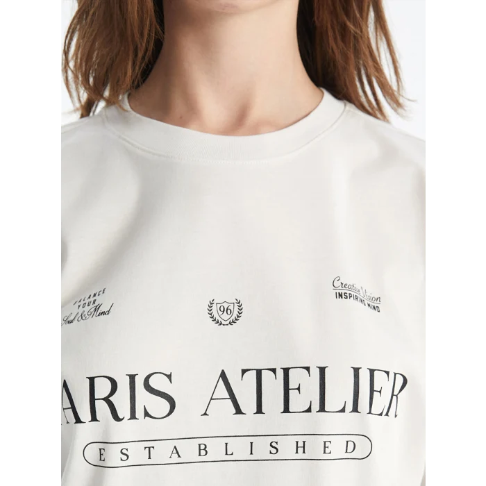 LCW Vision Gri Bisiklet Yaka Baskılı Kısa Kollu Oversize Kadın Tişört