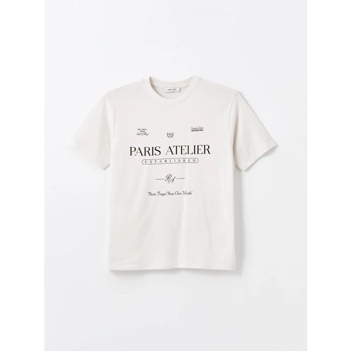 LCW Vision Gri Bisiklet Yaka Baskılı Kısa Kollu Oversize Kadın Tişört