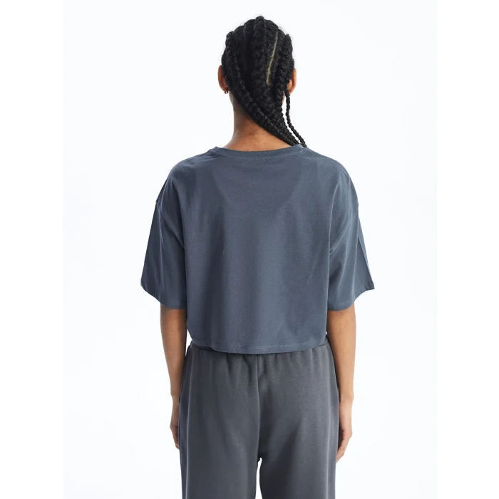 XSIDE Antrasit Bisiklet Yaka Baskılı Kısa Kollu Oversize Kadın Crop