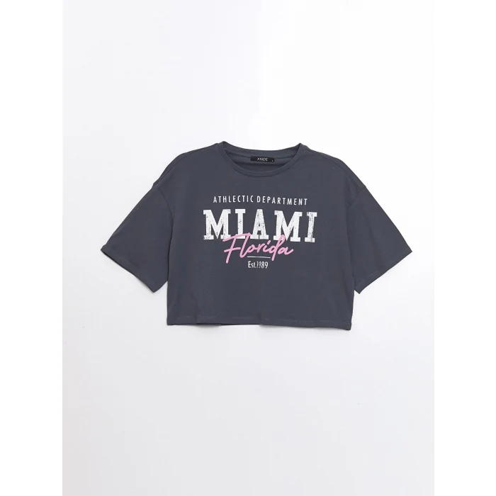 XSIDE Antrasit Bisiklet Yaka Baskılı Kısa Kollu Oversize Kadın Crop