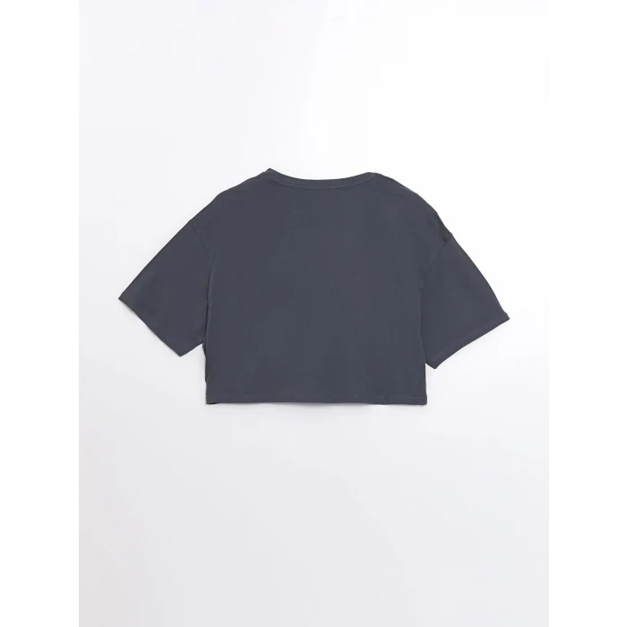 XSIDE Antrasit Bisiklet Yaka Baskılı Kısa Kollu Oversize Kadın Crop