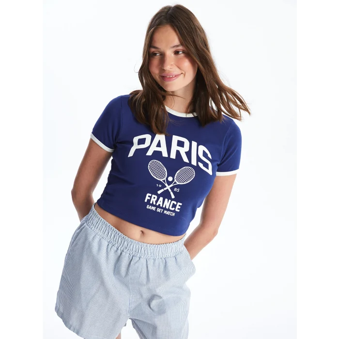 XSIDE Lacivert Bisiklet Yaka Baskılı Kısa Kollu Kadın Crop