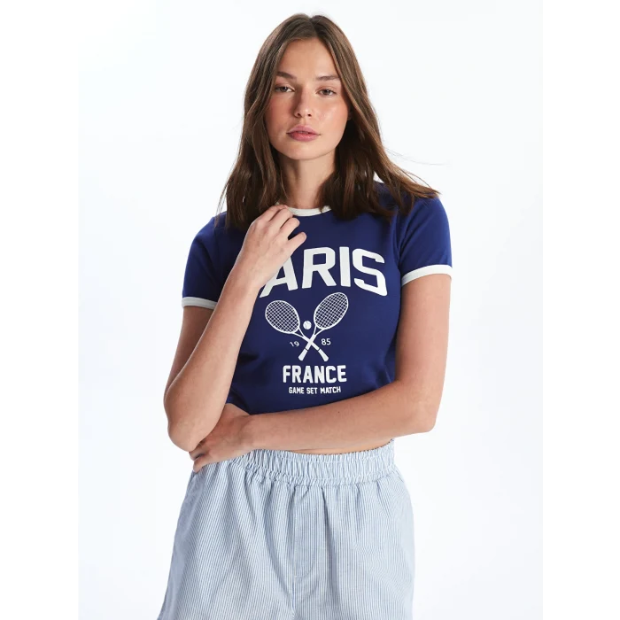 XSIDE Lacivert Bisiklet Yaka Baskılı Kısa Kollu Kadın Crop