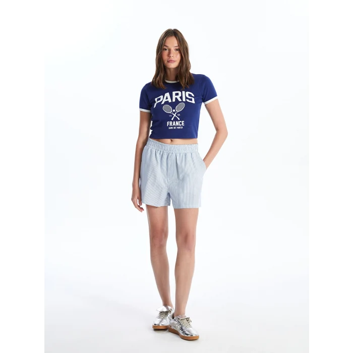 XSIDE Lacivert Bisiklet Yaka Baskılı Kısa Kollu Kadın Crop