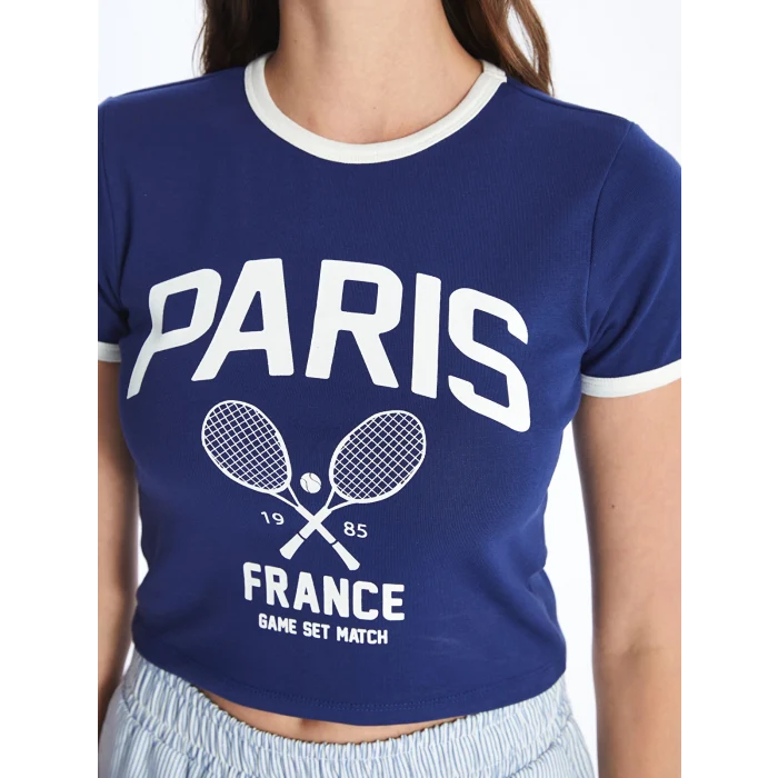 XSIDE Lacivert Bisiklet Yaka Baskılı Kısa Kollu Kadın Crop