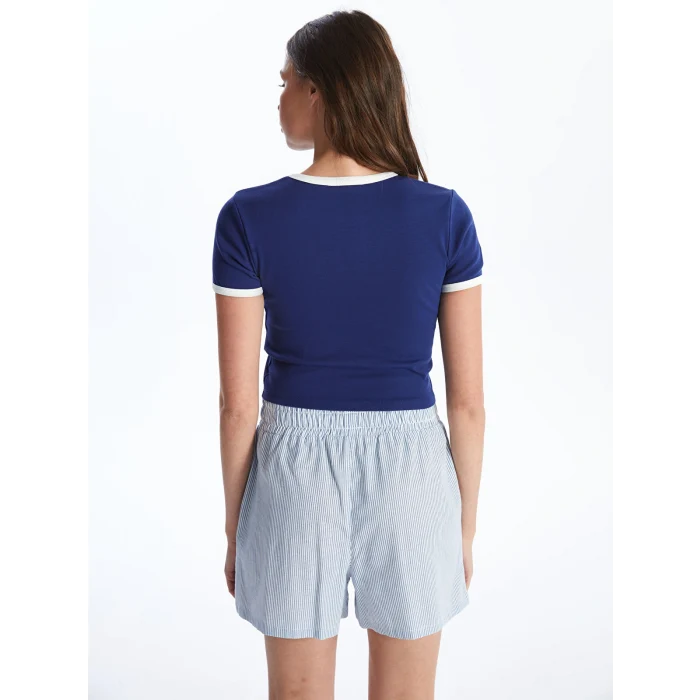 XSIDE Lacivert Bisiklet Yaka Baskılı Kısa Kollu Kadın Crop