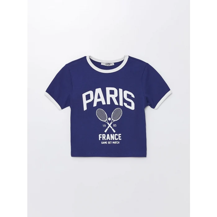 XSIDE Lacivert Bisiklet Yaka Baskılı Kısa Kollu Kadın Crop