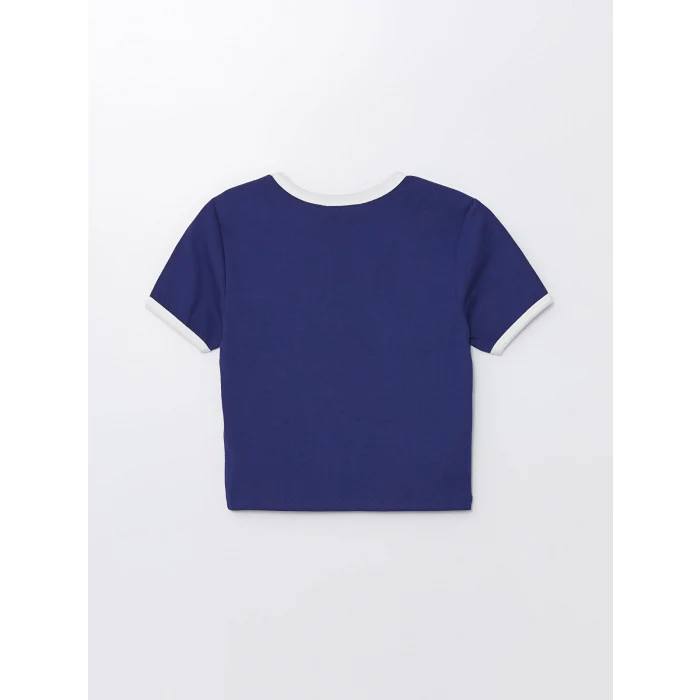 XSIDE Lacivert Bisiklet Yaka Baskılı Kısa Kollu Kadın Crop